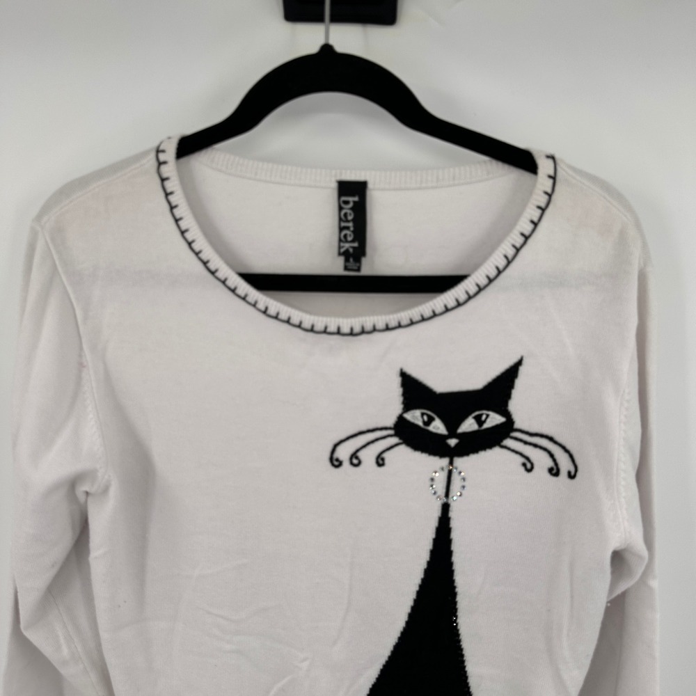 Berek Womens White Black Cat Graphic Knit Sweater Rhinestone Large Whimsical - Picture 2 of 9